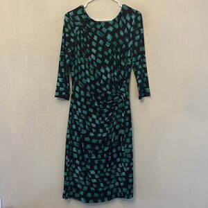 Nic + Zoe green and navy patterned 3/4 length sleeve dress Size M New
